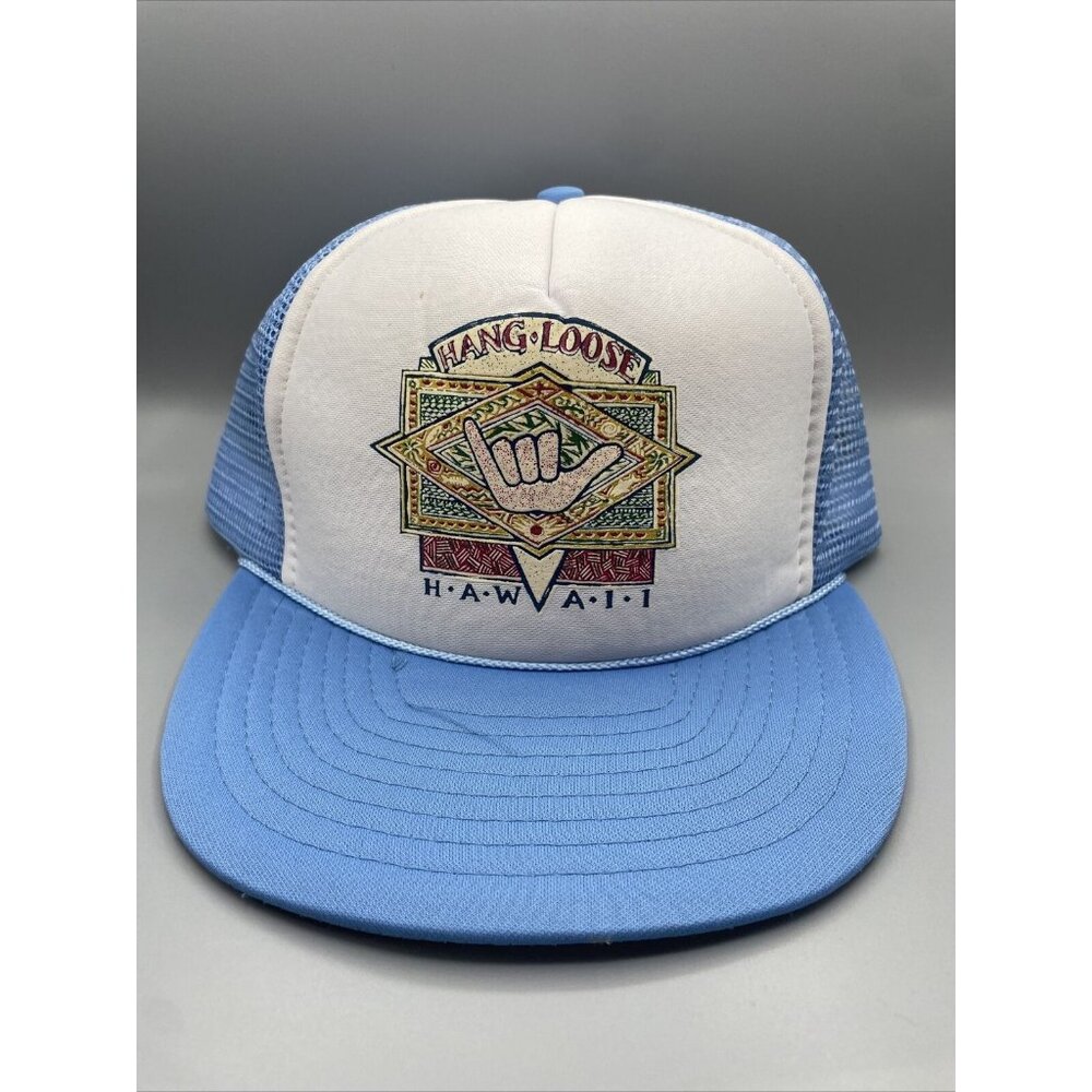 Vintage Hawaii HANG LOOSE Mesh Trucker Snapback Hat Cap Surfing Baby Blue